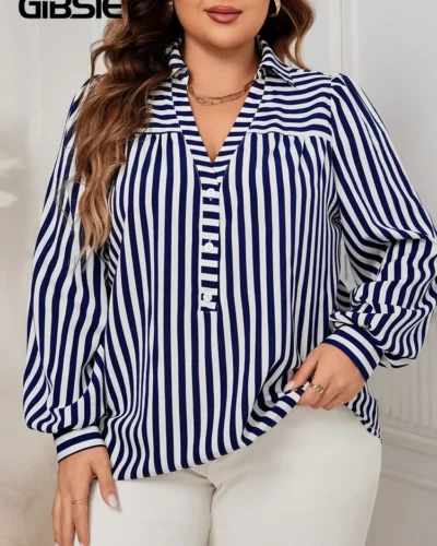 GIBSIE Plus Size Blue And White Striped Shirt Woemn Autumn New Polo Collar Long Sleeve Button Front Casual Loose Blouses Tops