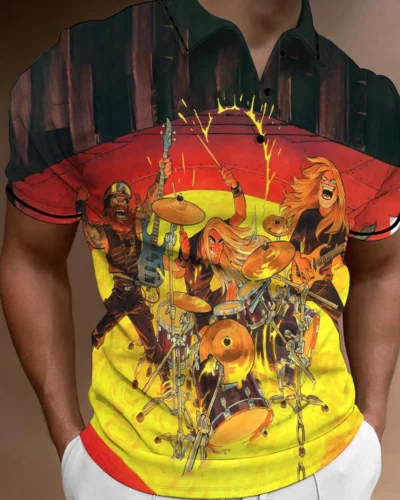 2024 new men t-shirt fashion casual home polo shirt 3d printing drum music printing men's street lapel button polo short sleeve
