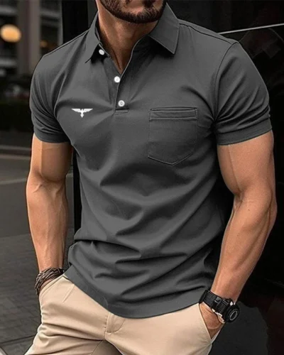 Summer Men Casual Short Sleeve Button Polo Shirt with Pocket