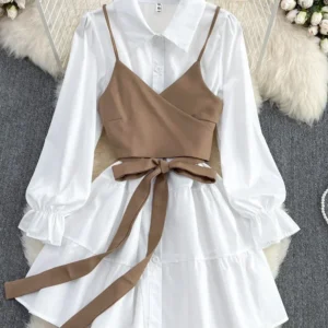 Spring Autumn New Fashion Casual Suit Female Korean Loose White Shirt Dress Slim Vest Dress Two-piece Set GD786