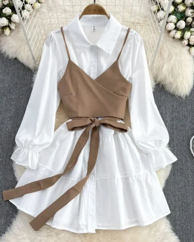 Spring Autumn New Fashion Casual Suit Female Korean Loose White Shirt Dress Slim Vest Dress Two-piece Set GD786