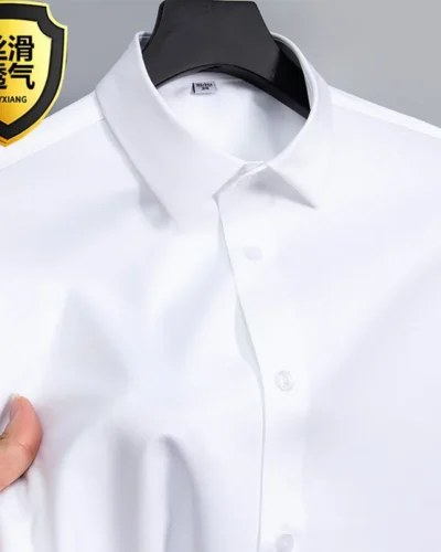 Summer shirt, men's white glossy non ironing shirt, men's wrinkle resistant ice silk casual high-end seamless business shirt