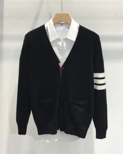 Spring Autumn Sweater Fashion Brand Men's Sweaters Cotton Stripes 3-Bar V-Neck Casual Cardigan Preppy Korean Style Women's Coats