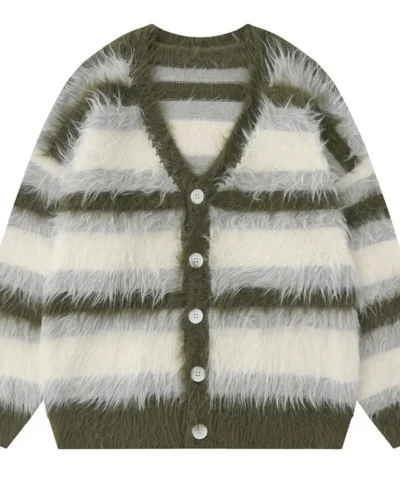 Striped Plush V-neck Sweater Men's Loose Casual Brushed Knit Trendy Couple Versatile Comfortable Harajuku High Street Cardigan