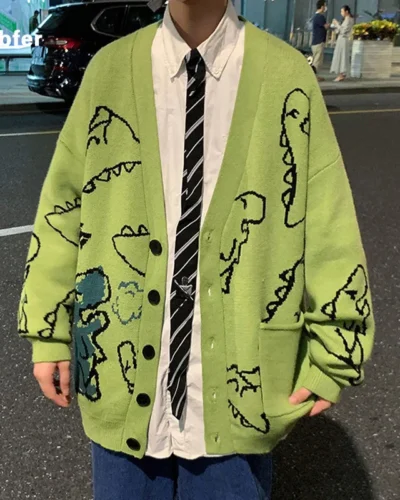 Autumn Oversize Cardigan Men Knitted Dinosaur Sweater Streetwear Loose Male Women Coat 2024 Doodle Hop Pattern Winter