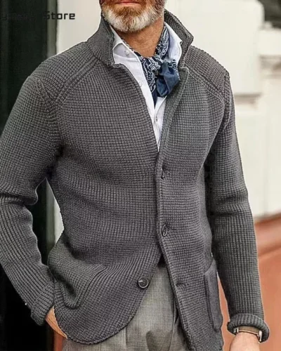 Men's Thicken Knitted Cardigan Sweater Autumn Winter Solid Color Fashion Slim Long-sleeved Stand-up Collar Knitting Jacket Coat