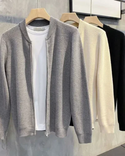 2023 New Spring and Autumn Korean Edition Trend Stand Collar Solid Color Pit Stripe Slim Fitting High-end Men's Sweater Cardigan