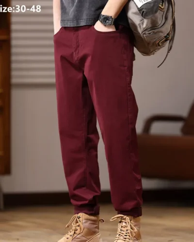 Cotton Trousers Mens Comfortable Stretched Loose Pencil Pants Plus Size 44 46 48 Male Khaki Wine Red Male Elastic Casual Outwear