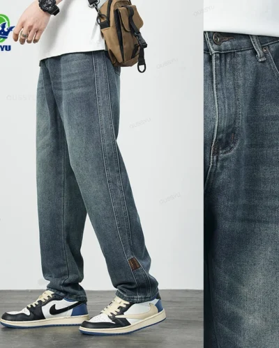 High Quality Cozy Cotton Fabric Men's Jeans Straight Denim Pants High Street Streetwear Korea Retro Blue Trousers Dropshipping