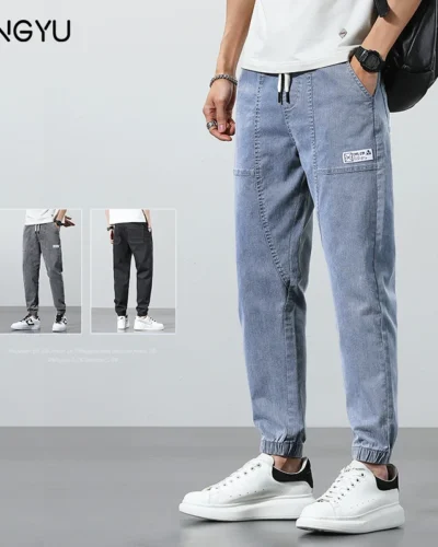 2024 Spring Summer Jeans Men Cotton Thin Beam Feet Harem Pants Elastic Drawstring Waist Light blue Joggers Trousers Male 28-38