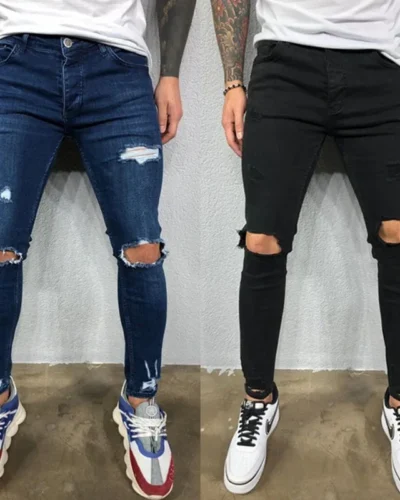 Men Jeans Knee Hole Ripped Stretch Skinny Denim Pants Solid Color Black Blue Autumn Summer Hip-Hop Style Slim Fit Trousers S-4XL