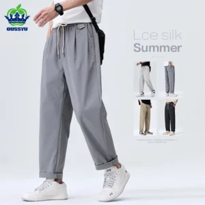 Summer Thin Ice Silk Ankle Length Pants Men Elastic Waist Korean Elastic Waist Jogger Outdoor Business Work Casual Trousers 38