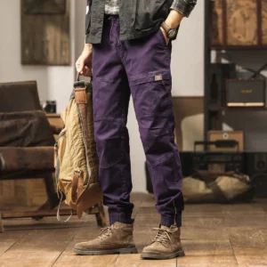 Cotton Men's Cargo Pants Elastic Waist Stretch Trouser Male Multi Pocket Casual Jogger Fit Ankle Length Zipper Purple Drawstring