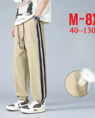 Lightweight Men's Summer Pants Elastic Sport Ice Silk Jogger Trouser Male Big Size Plus Large 7XL 8XL Stretch Elstane Sweatpant