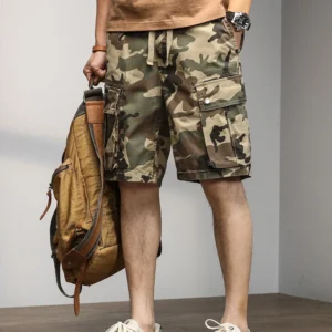 Summer Camouflage Cargo Shorts Men Stretch Cotton Drawstring Work Wear Straight Casual Shorts Male Loose Bermuda Short Pants