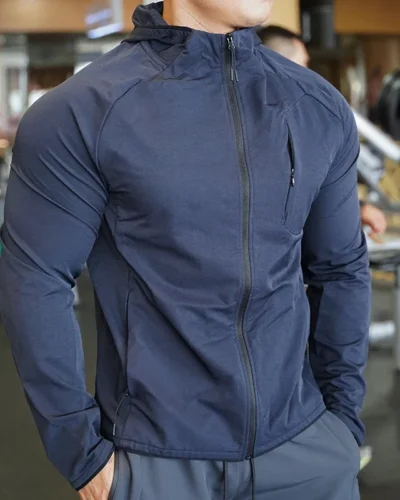 High Quality Nylon Sport Coat Mens Gym Fitness Hoodies Outdoor Workout Tops Hooded Training Running Zipped Jacket Clothes