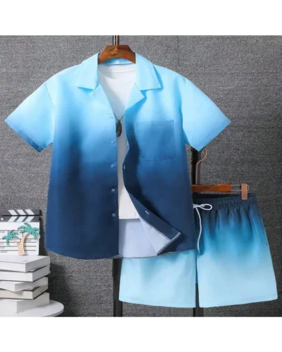 2pcs Men's Casual Summer Outfits, Color Block Short Sleeve T-Shirt & Drawstring Shorts Set, Beach Sports Exercise  Short Clothin