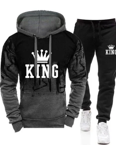 2025 Trend Menswear King Printing Casual Hooded Sweatshirts+Pants Set Jogging Clothing Splash-ink Suit Hot Sales Mens Tracksuit
