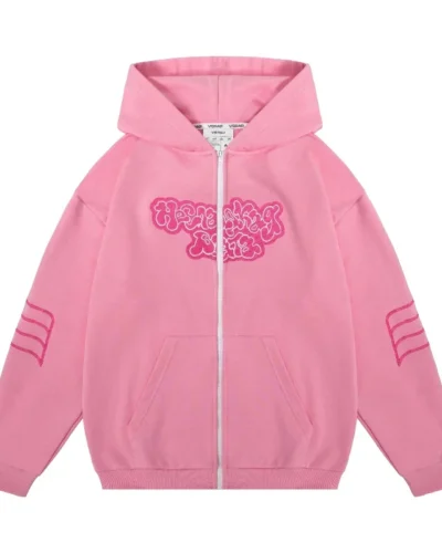 Kussia88 Y2K Zip Up Hoodie Men Women Trendy Art Embroidery Sweatshirt Fashion Harajuku Pink Oversized Streetwear Unisex Clothing