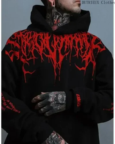 Men's Evil Blood Large Pattern Hoodie Unique Personality Casual Hoodie Autumn / Winter Thickened Warm Black Hoodie for Men Full
