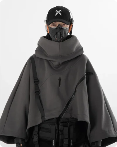 Autumn Irregular Functional Hoodie Zipper Cape Coat Pullover Men's Clothing Harajuku Hooded Sweatshirt High Street Streetwear