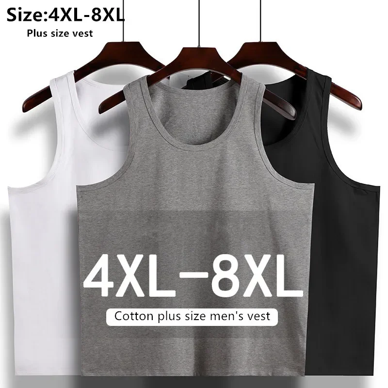 Summer Men Basic Vest Sports 150KG Cotton Plus Size 6XL 7XL 8XL White Black T-shirt Stretched Gray Loose Undershirt Sweat Shirt