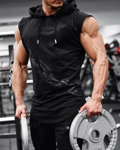 Men's leisure sports vest fitness show muscle men's sports leisure running training clothes sleeveless hooded vest outdoor stree