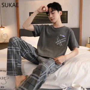 SUKAE Boys Lougewear Plus Size L-5XL Summer Cotton Sleepwear for Man Leisure Men Pj Short Sleelves Full Pants Mens Pajamas Set