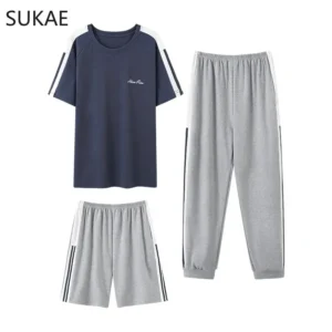 SUKAE Three Pieces Mens Pajamas Set Korean Minimalist Nightwear Summer Knitted Cotton Shorts Sleepwear Mans 3pcs Casual Homsuits