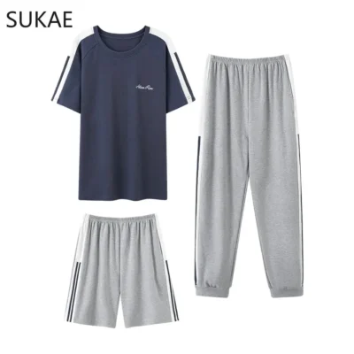 SUKAE Three Pieces Mens Pajamas Set Korean Minimalist Nightwear Summer Knitted Cotton Shorts Sleepwear Mans 3pcs Casual Homsuits