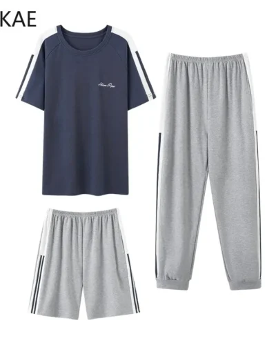 SUKAE Three Pieces Mens Pajamas Set Korean Minimalist Nightwear Summer Knitted Cotton Shorts Sleepwear Mans 3pcs Casual Homsuits