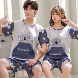 Summer New Knitted Cotton Couple Cartoon Men's Pyjamas Red Pajamas Set Casual Male Sleepwear Pyjamas Night Pijamas 3XL Homewear