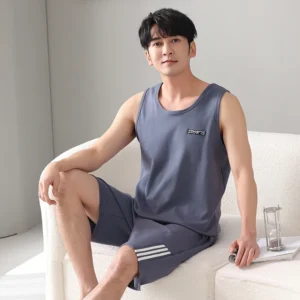 Plus Size 4XL-7XL Men Pajama Set Summer Knited Cotton Pijamas Sleeveless Sleepwear Suit