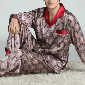 Mens Satin Silk Pajama Sets Sleepwear Casual Nightgown Loose Loungewear Pajamas Pijamas Autumn New Print Nightwear Homewear