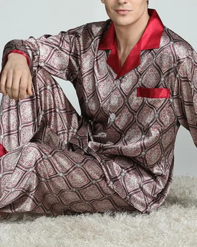 Mens Satin Silk Pajama Sets Sleepwear Casual Nightgown Loose Loungewear Pajamas Pijamas Autumn New Print Nightwear Homewear