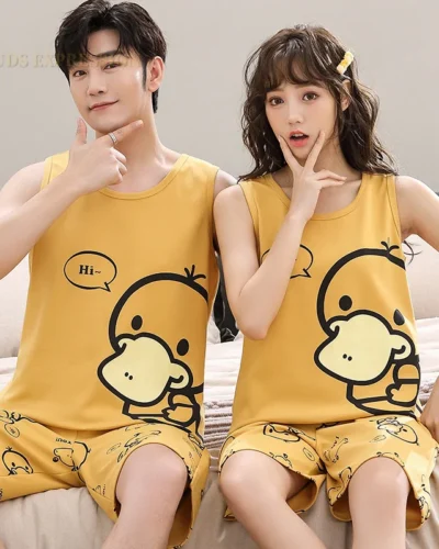 Summer Knitted Cotton Cartoon Duck Mens Pajama Sets Men's Sleep&Lounge Sleeveless Shorts Pants Couple Pajamas Fashion Homewear