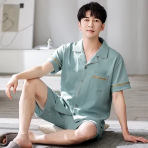 L-4XL Summer Lapel Pyjamas Knited Cotton Men's Pajamas Sets Short Sleeve Shorts Sleepwear Pyjamas Night Pijamas Homewear PJ