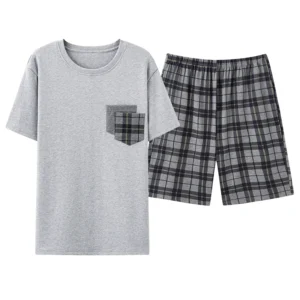 Men Pajamas Short Sleeve Shorts Cotton Plaid O-neck Sleepwear Men Summer Home Clothes Big Yards L-4XL Young Male Homewear Set
