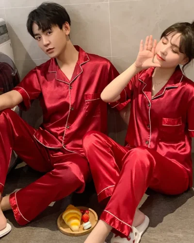 Spring Silk Satin Pajamas Couple Set Summer Short Sleeve Button-Down Sleepwear Women Men Solid Color Loungewear Plus Size Pj Set