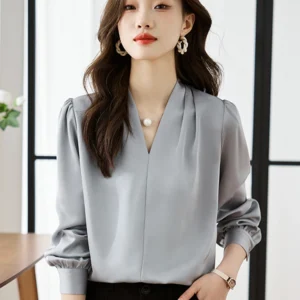 H Han Queen Korean Basic Shirts Woman Vintage Clothing Chiffon Long Sleeve Top Casual Female Work Wear Office Shirts And Blouses