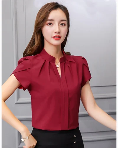 Women Chiffon Shirt Korean Elegant Slim Folds Short Sleeve Women Blouse New Casual Office Stand Collar All Match Ladies Tops
