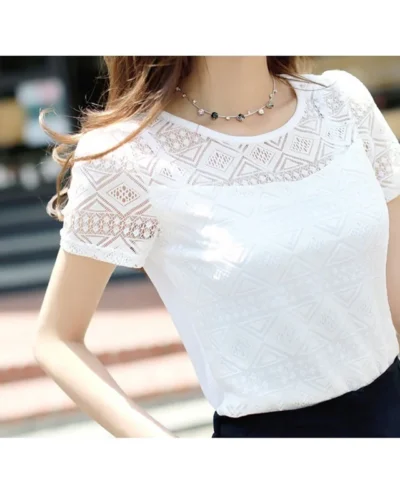 Women Summer Chiffon Blouse Lace Crochet Female Korean Shirts Ladies Blusas Tops Shirt White Blouses Slim Fit Tops 2024 New