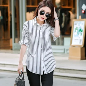 Women Striped Printed Long Sleeve Shirts 2023 New Ladies Loose X-Long Style Casual Shirt Tops Women Clothes Factory Wholesale