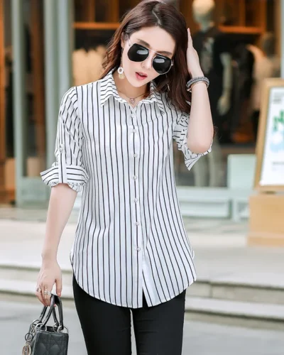Women Striped Printed Long Sleeve Shirts 2023 New Ladies Loose X-Long Style Casual Shirt Tops Women Clothes Factory Wholesale