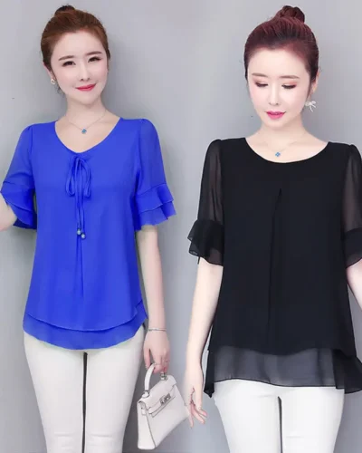 Women Blouses Solid 2020 Summer New Short- Sleeve V-Neck Lace up Shirt Female Chiffon Womens Plus Size Tops Slim Clothing NS4544