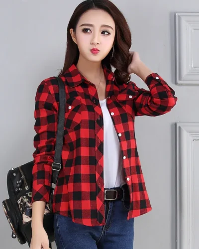 Women's Plaid Shirts 2023 Autumn New Ladies Casual Long Sleeve Pocket Cotton Shirt Fine Elegant Lady Checked Tops Clothes