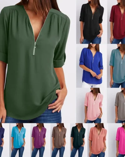 2024 Hot Sale Women Cool Loose Shirt Deep V Neck Chiffon Fashion Blouse Casual Ladies Tops Sexy Zipper Pullover Plus Size
