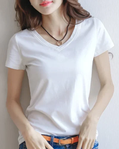 2024 Short T-Shirts Summer Women's Short Sleeve Round Neck Casual Blouse Shirts Solid Color Tops  Black / White