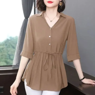 Women's V-Neck Short Sleeve Shirts, Elegant Tops, All-match, Simple, Casual, Simplicity, Office, Summer Clothes, Fashion