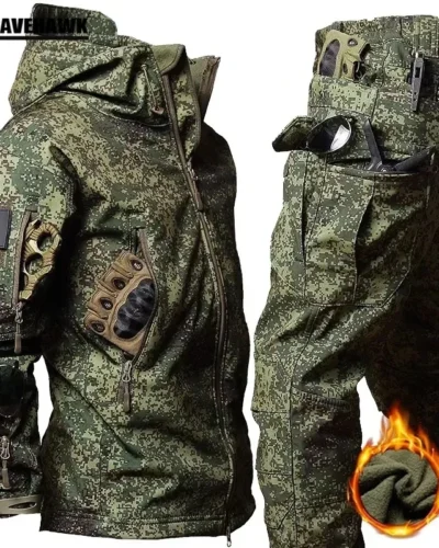 Winter Thicken Men Camo Suit Waterproof Tactical Training Set Multi-pocket Hooded Jacket Fleece Pants Outdoor Hunting 2-piece